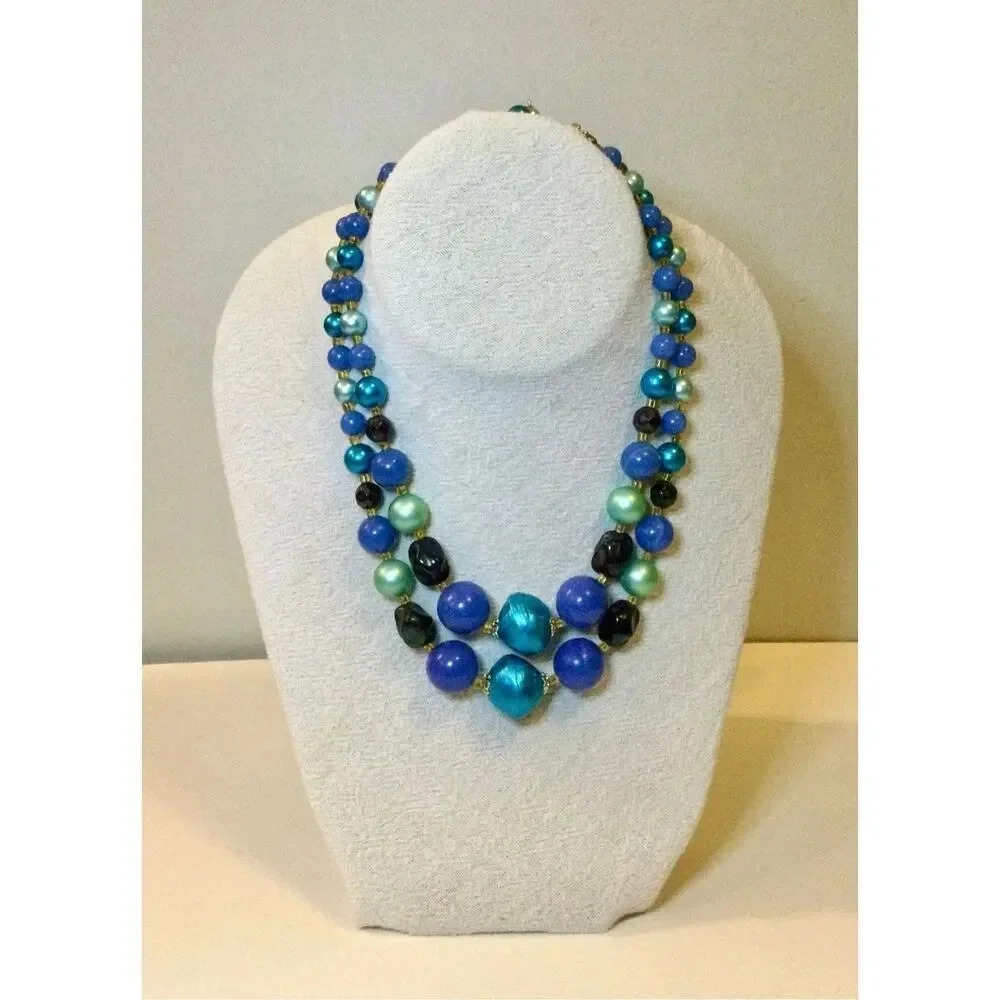 Vintage Made In Japan Womens‎ Blue Double Strand Layered Beaded Necklace OS